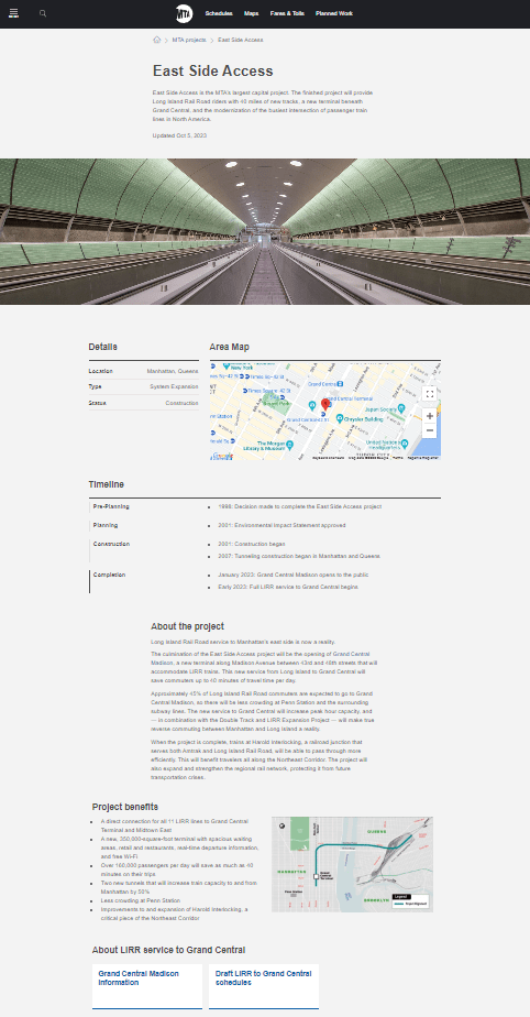 Image of webpage screenshot showing my design of the East Side Access project